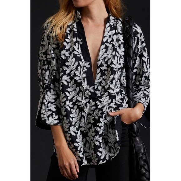 by Anthropologie Popover Blouse Top Black Grey Nwt NEW ANTHRO boho embroidered - Picture 7 of 7